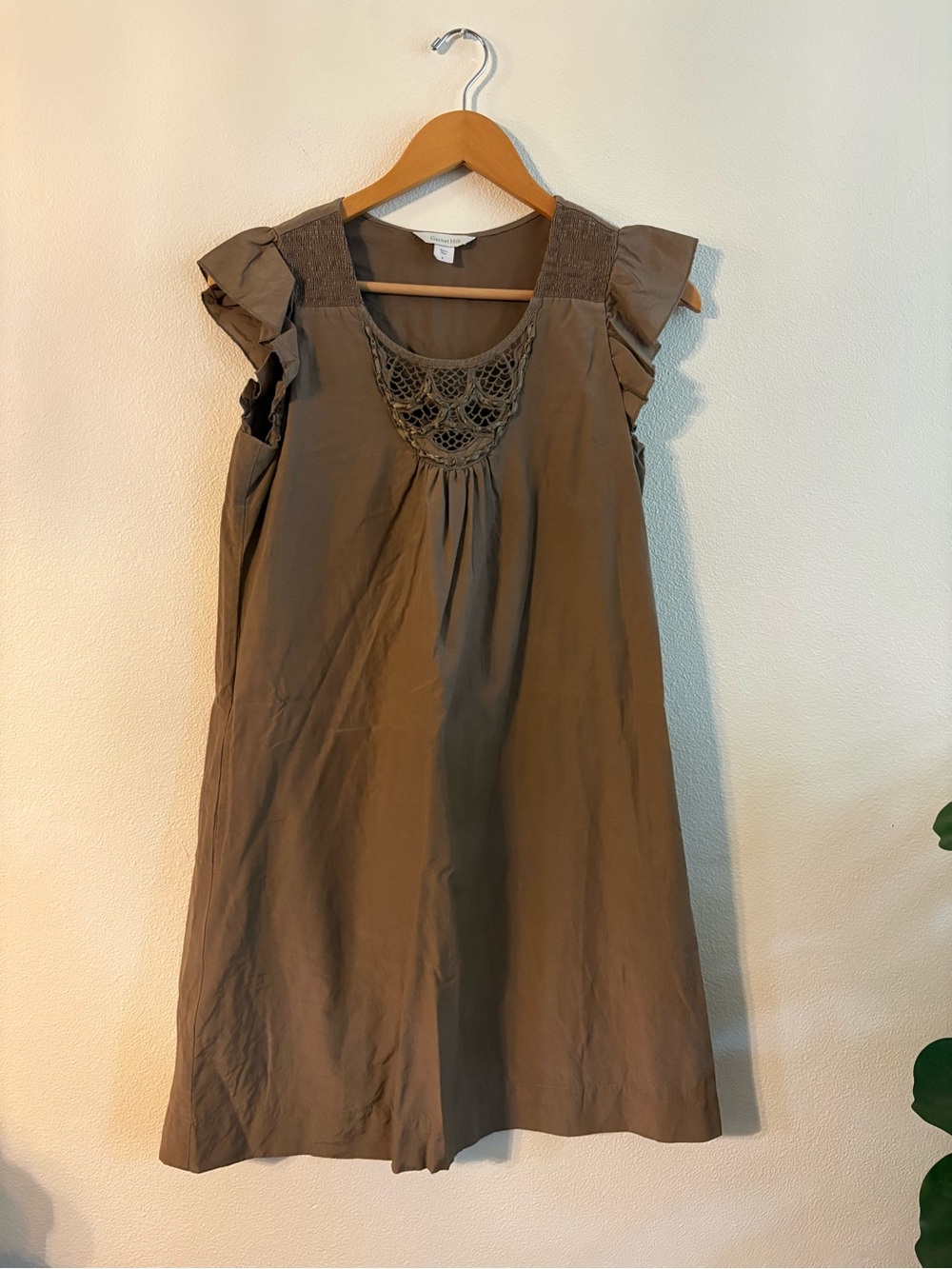 Garnet Hill Taupe Crochet Yoke Sleeveless Dress